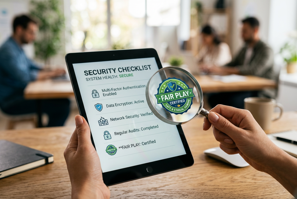 A magnifying glass examining a list of casino security features on a tablet