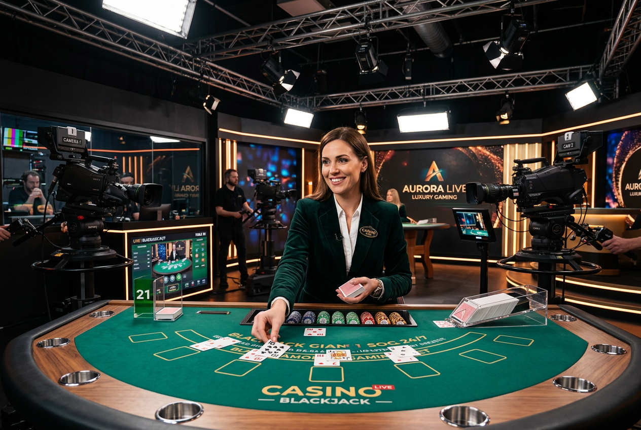 A professional live casino dealer at a blackjack table in a high-tech studio.