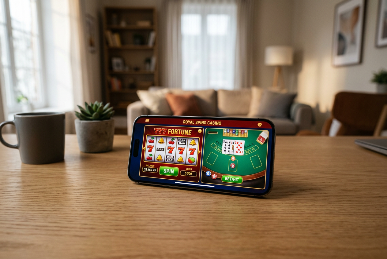 A high-end smartphone displaying colorful casino app interfaces next to a glass of water on a modern wooden desk.
