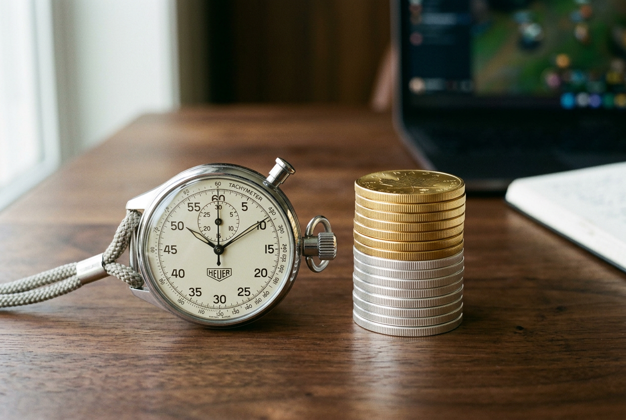 A conceptual photo of a stopwatch and a stack of coins, representing time management and responsible betting limits.
